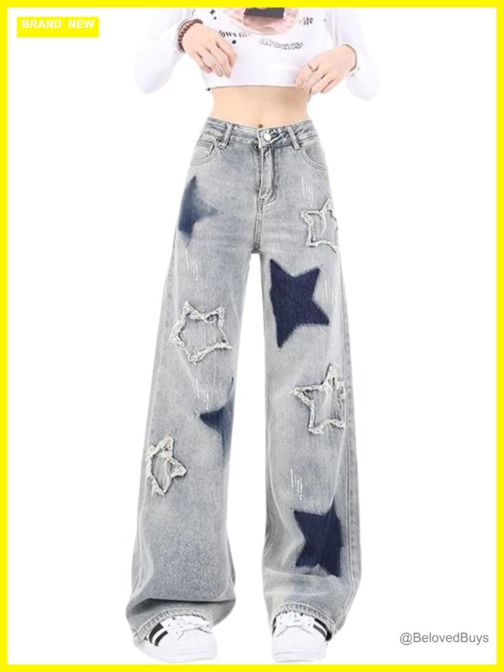 Star Patchwork High Waisted Straight Leg Jeans - Y2K Preppy Denim Pants
